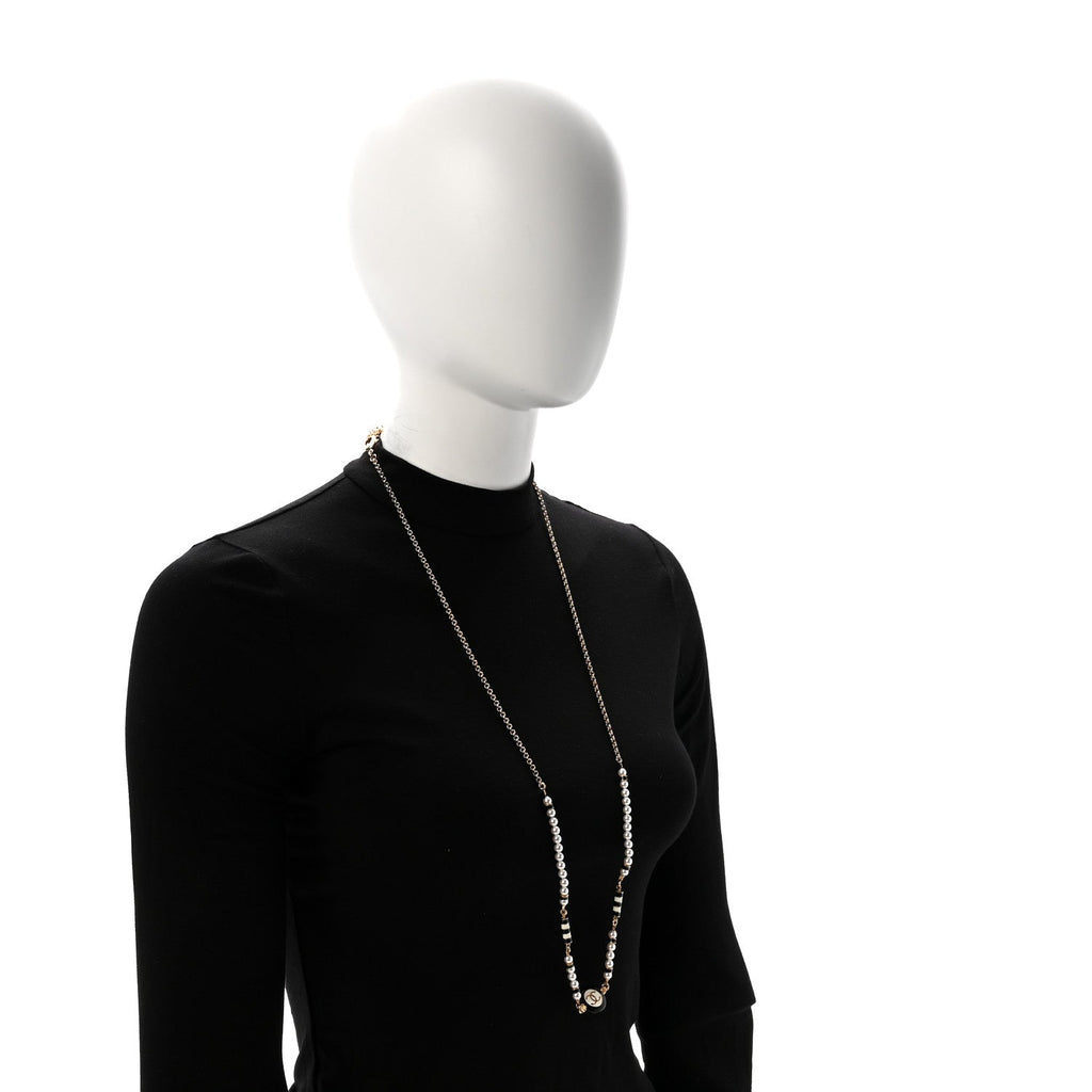 Metal Enamel Pearl CC Necklace Gold Black White