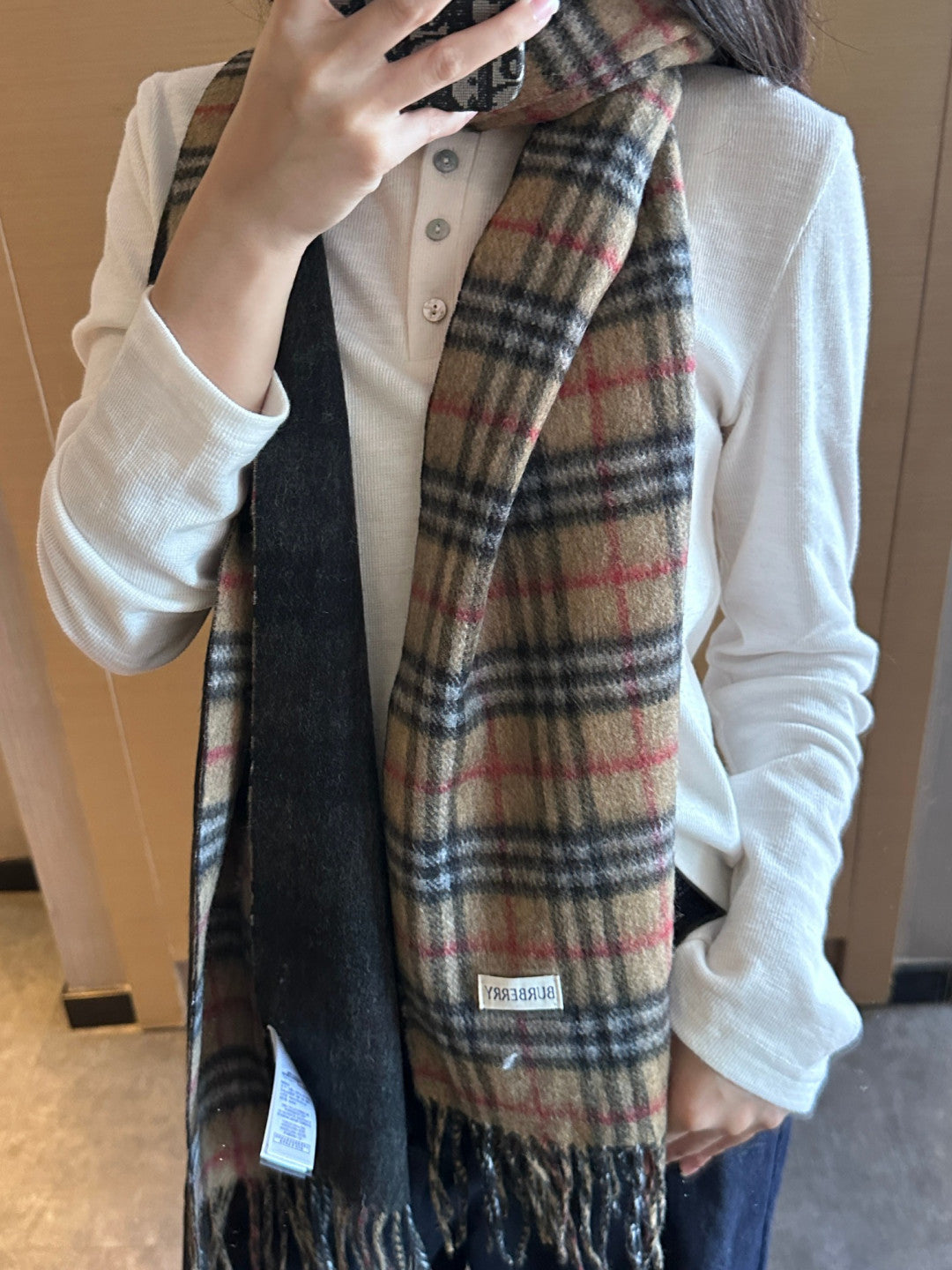 BBR British Style Classic Scarf 180CM Beige Black Cashmere 293542