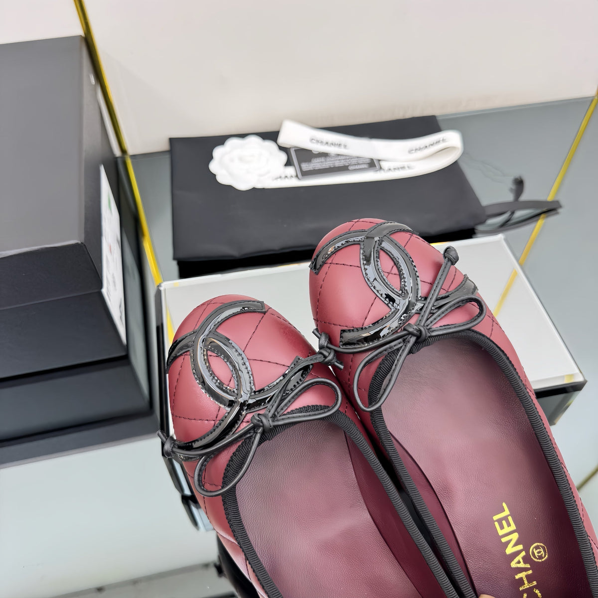 CC 25 Cambon Ballet Flat Burgundy Black Quilted Calfskin