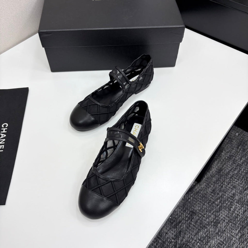CC 25 Mary Jane White Black Mesh Calfskin