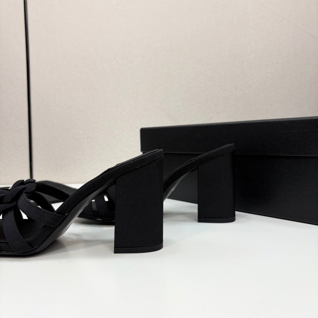 CC 25 Camellia Open Heel Mule Sandals 90mm Black Sheepskin And Fabric 368841