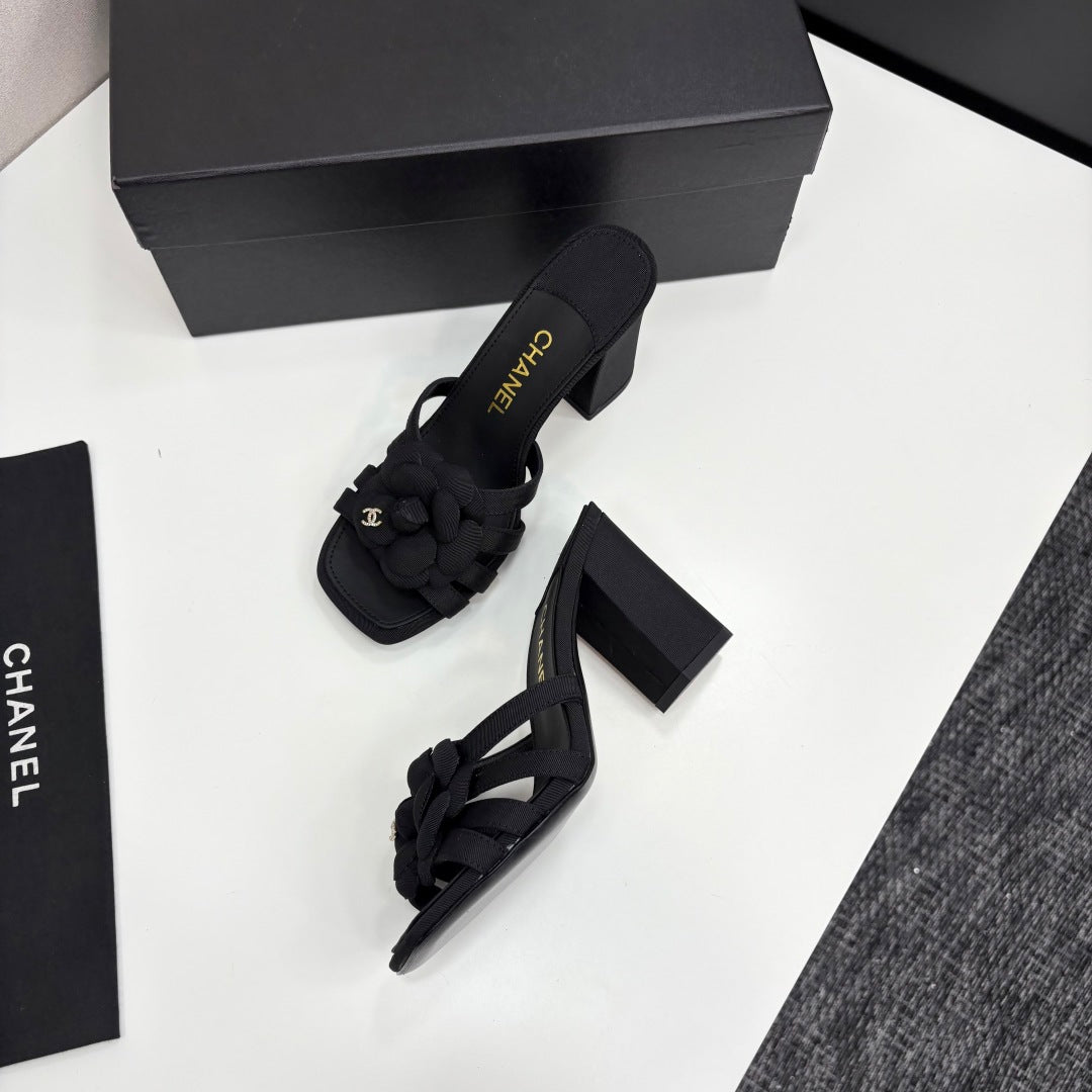 CC 25 Camellia Open Heel Mule Sandals 90mm Black Sheepskin And Fabric 368841