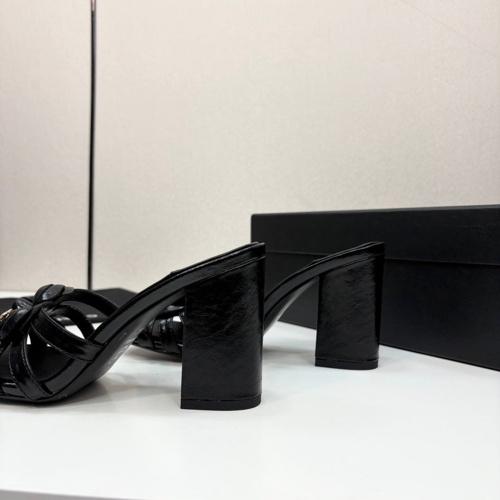 CC 25 Camellia Open Heel Mule Sandals 90mm Black Sheepskin 368843