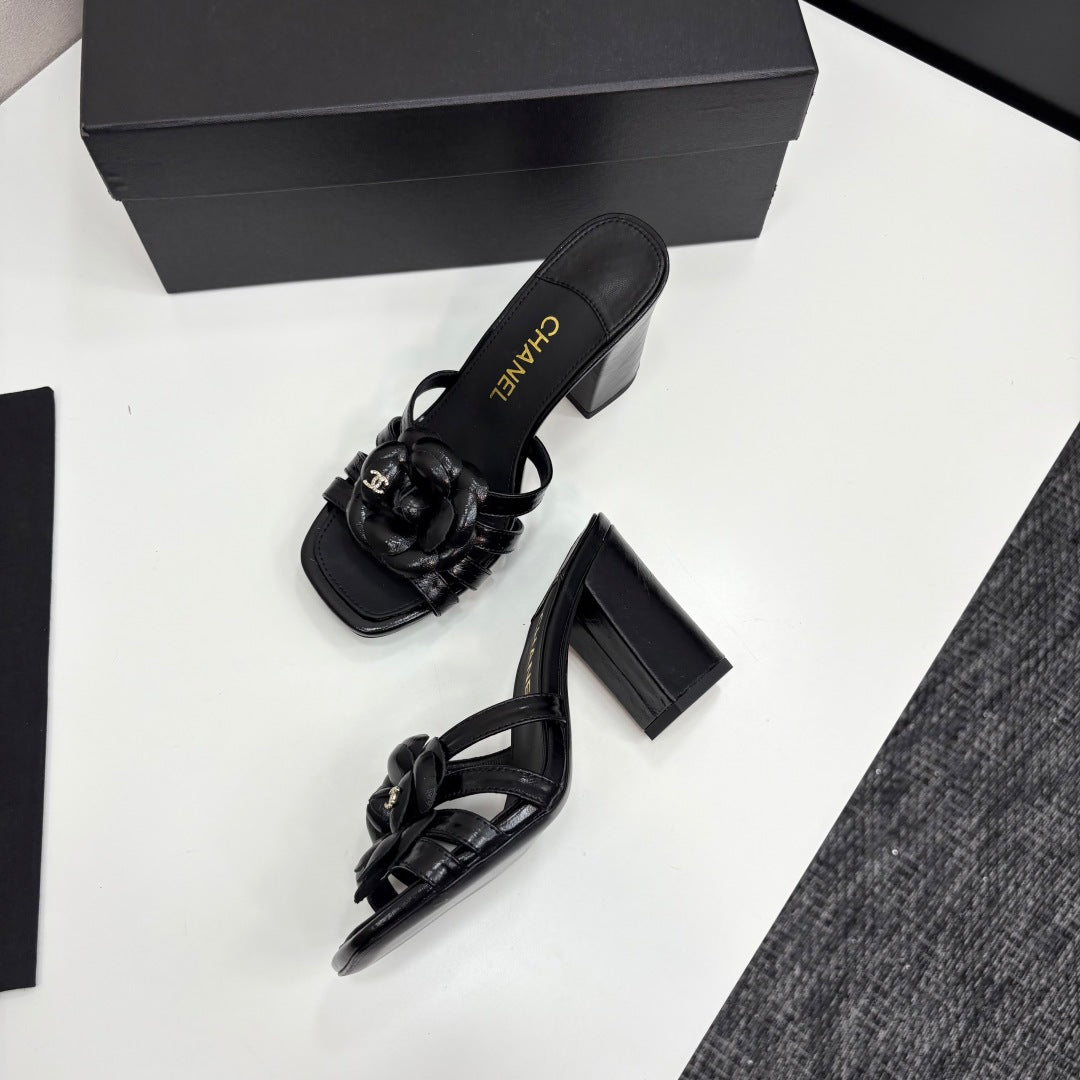 CC 25 Camellia Open Heel Mule Sandals 90mm Black Sheepskin 368843