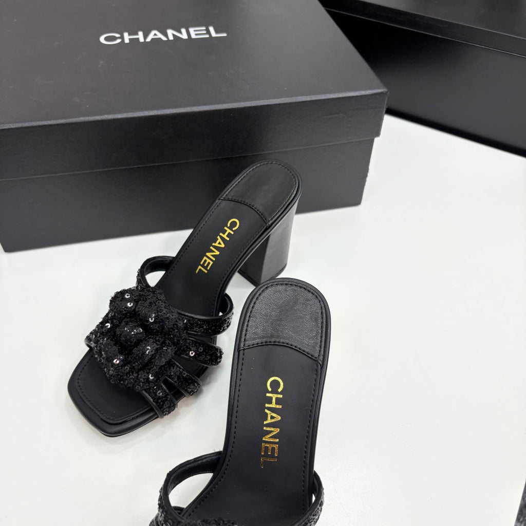 CC 25 Camellia Open Heel Mule Sandals 90mm Black Coarse Glitter Fabric And Sheepskin 368846