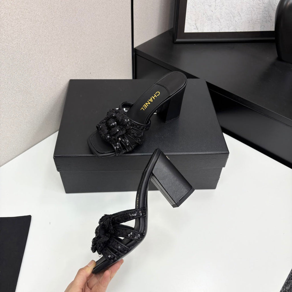 CC 25 Camellia Open Heel Mule Sandals 90mm Black Coarse Glitter Fabric And Sheepskin 368846