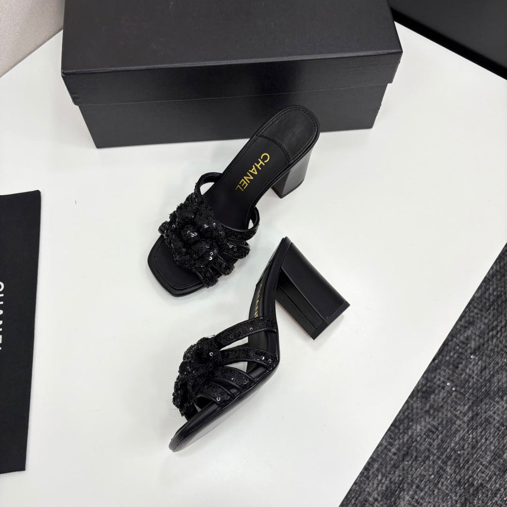 CC 25 Camellia Open Heel Mule Sandals 90mm Black Coarse Glitter Fabric And Sheepskin 368846