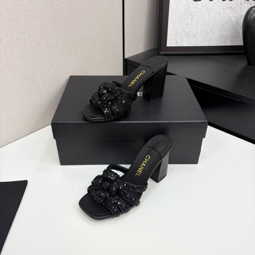 CC 25 Camellia Open Heel Mule Sandals 90mm Black Coarse Glitter Fabric And Sheepskin 368846