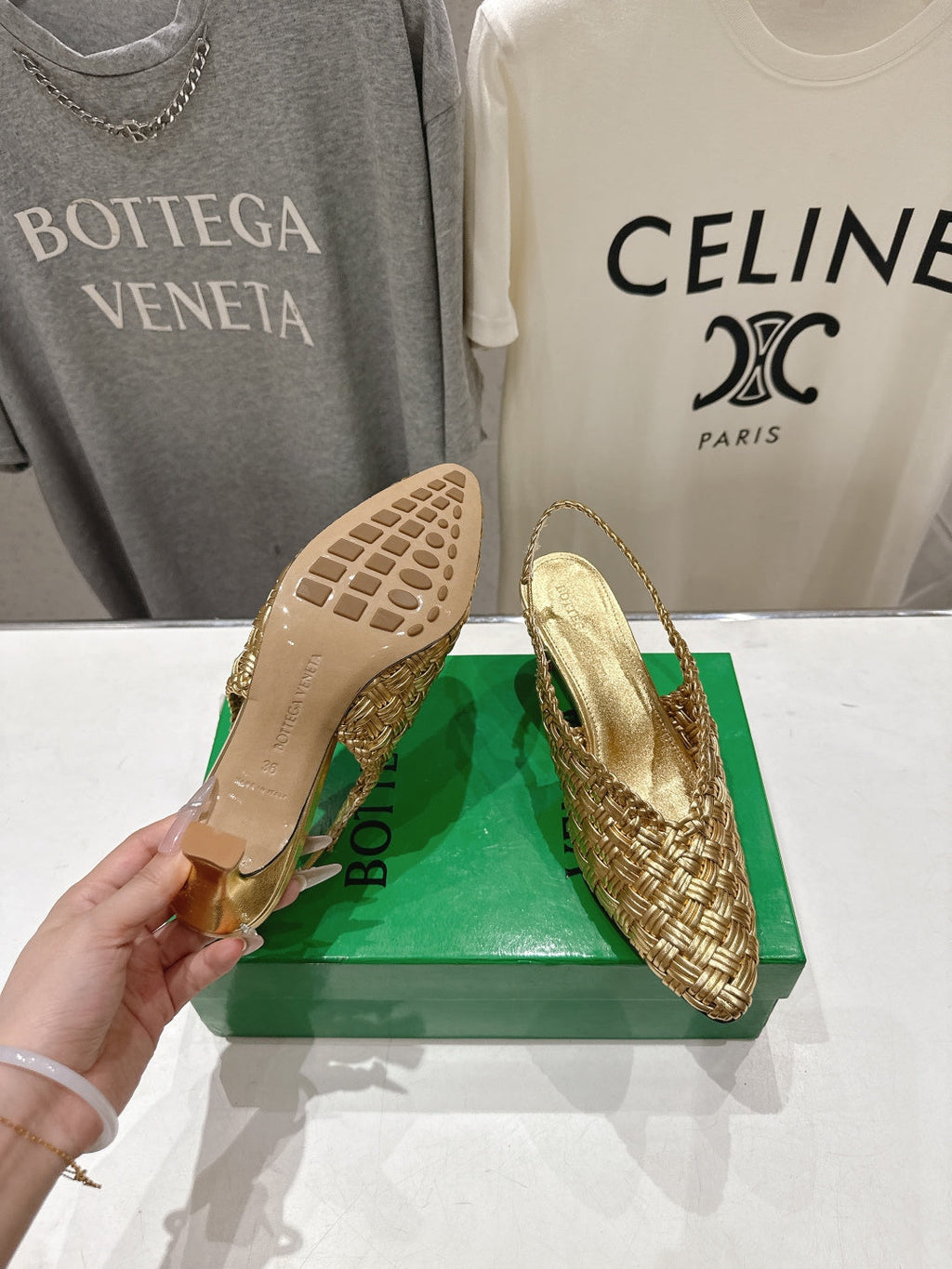 BV Parco Open-Back Sandals 5.5cm Gold  Intrecciato Woven Leather 794443