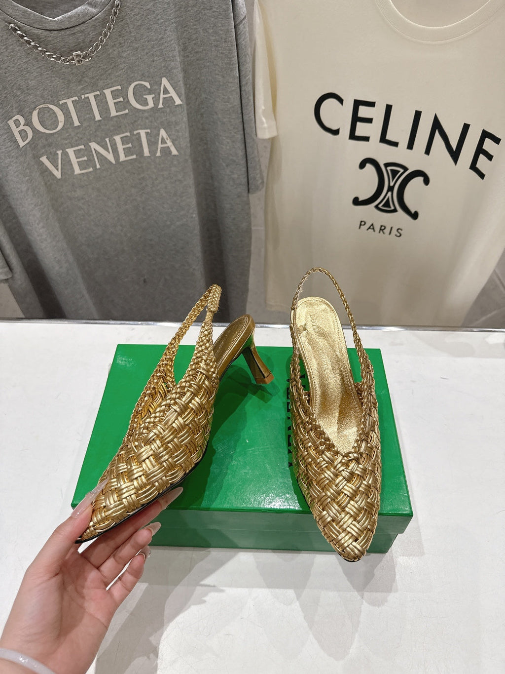 BV Parco Open-Back Sandals 5.5cm Gold  Intrecciato Woven Leather 794443