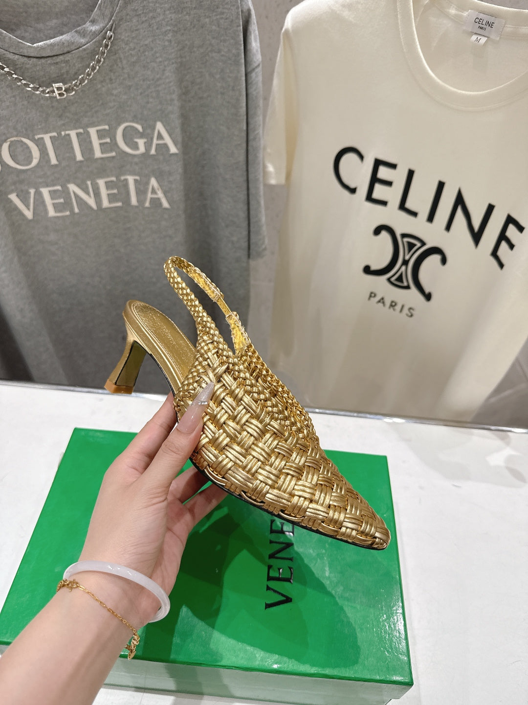 BV Parco Open-Back Sandals 5.5cm Gold  Intrecciato Woven Leather 794443