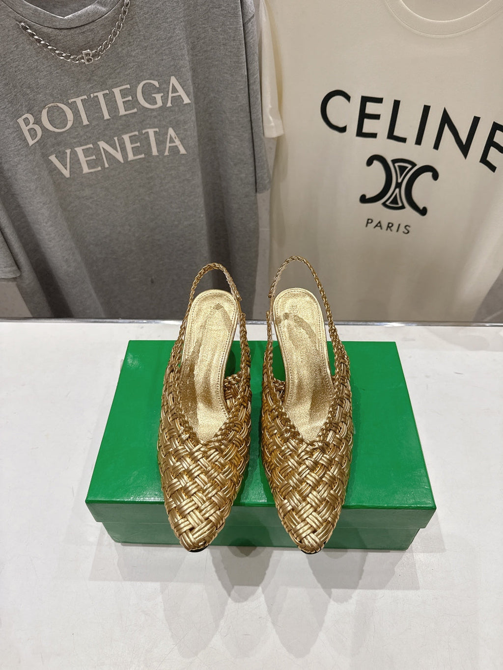 BV Parco Open-Back Sandals 5.5cm Gold  Intrecciato Woven Leather 794443