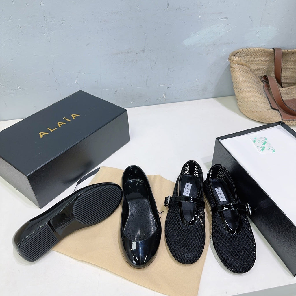 Alaia Ballet Flats Black Mesh Patent Leather 674310