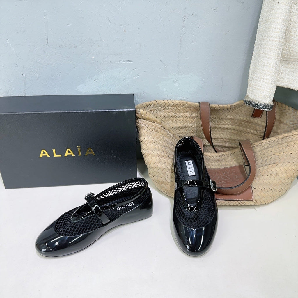 Alaia Ballet Flats Black Mesh Patent Leather 674310