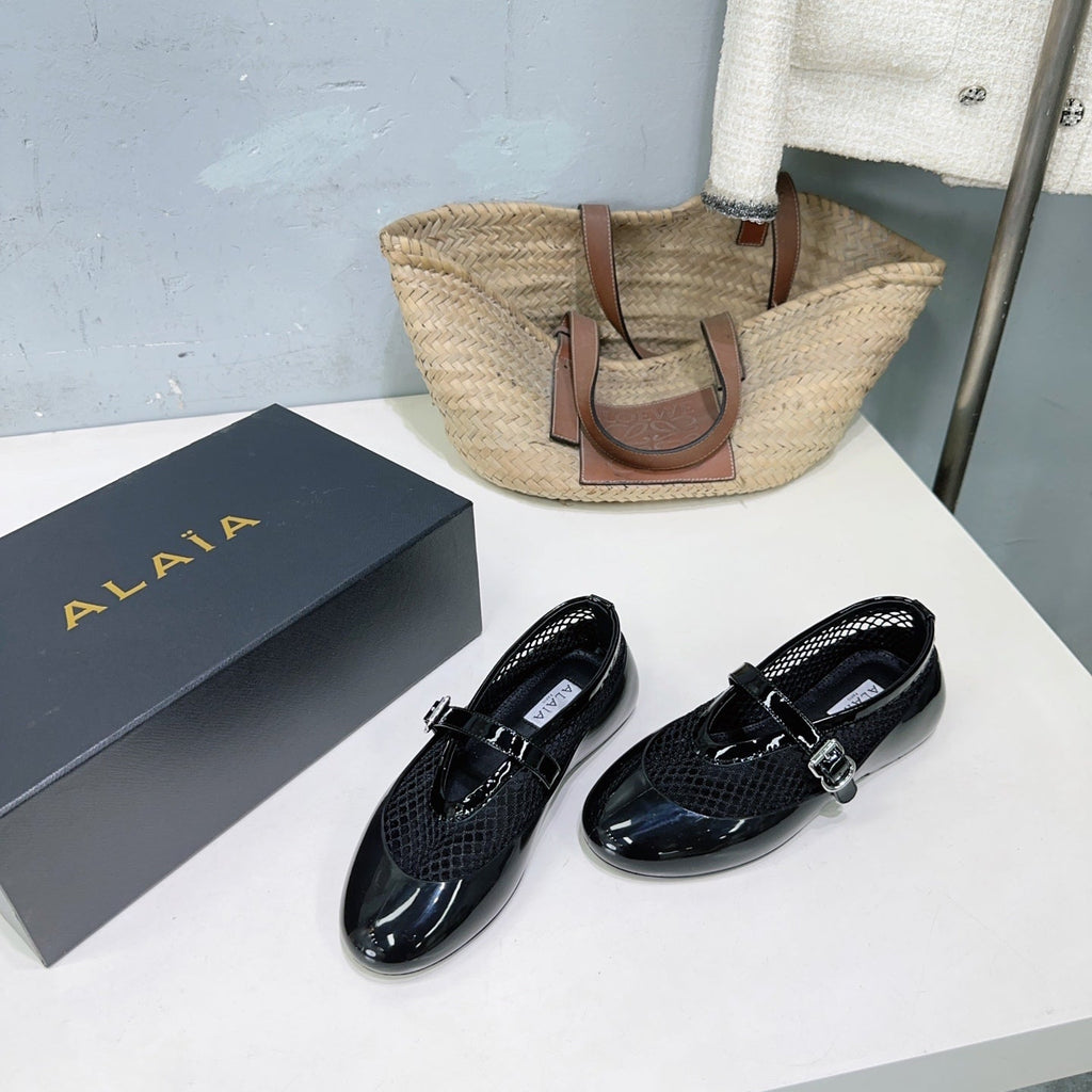 Alaia Ballet Flats Black Mesh Patent Leather 674310