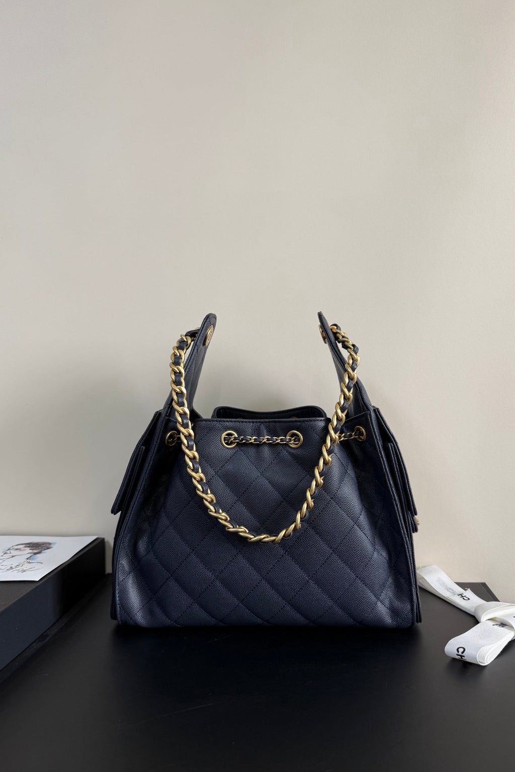 CC 25 Hobo Bag Navy Blue Grained Calfskin Leather GHW 282494