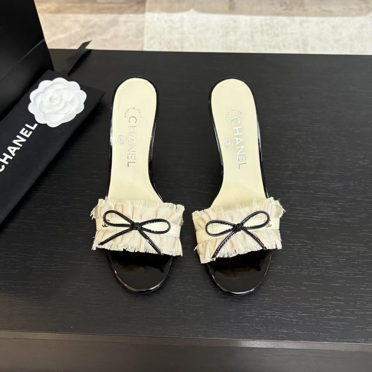 CC 25 Camellia Sandals Beige Black Silk Satin Lambskin 251720