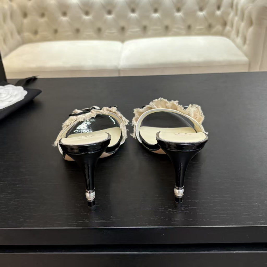 CC 25 Camellia Sandals Beige Black Silk Satin Lambskin 251720