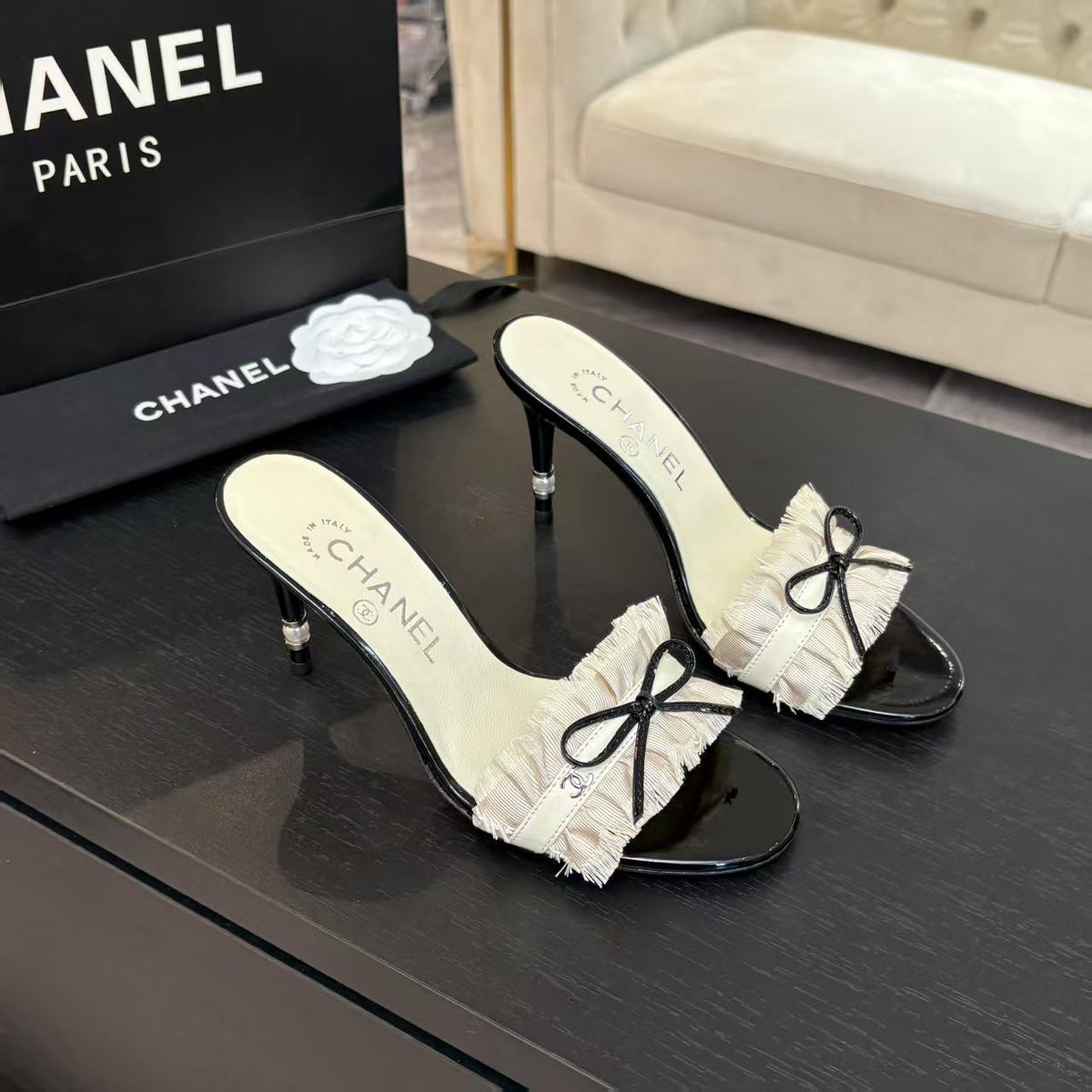 CC 25 Camellia Sandals Beige Black Silk Satin Lambskin 251720