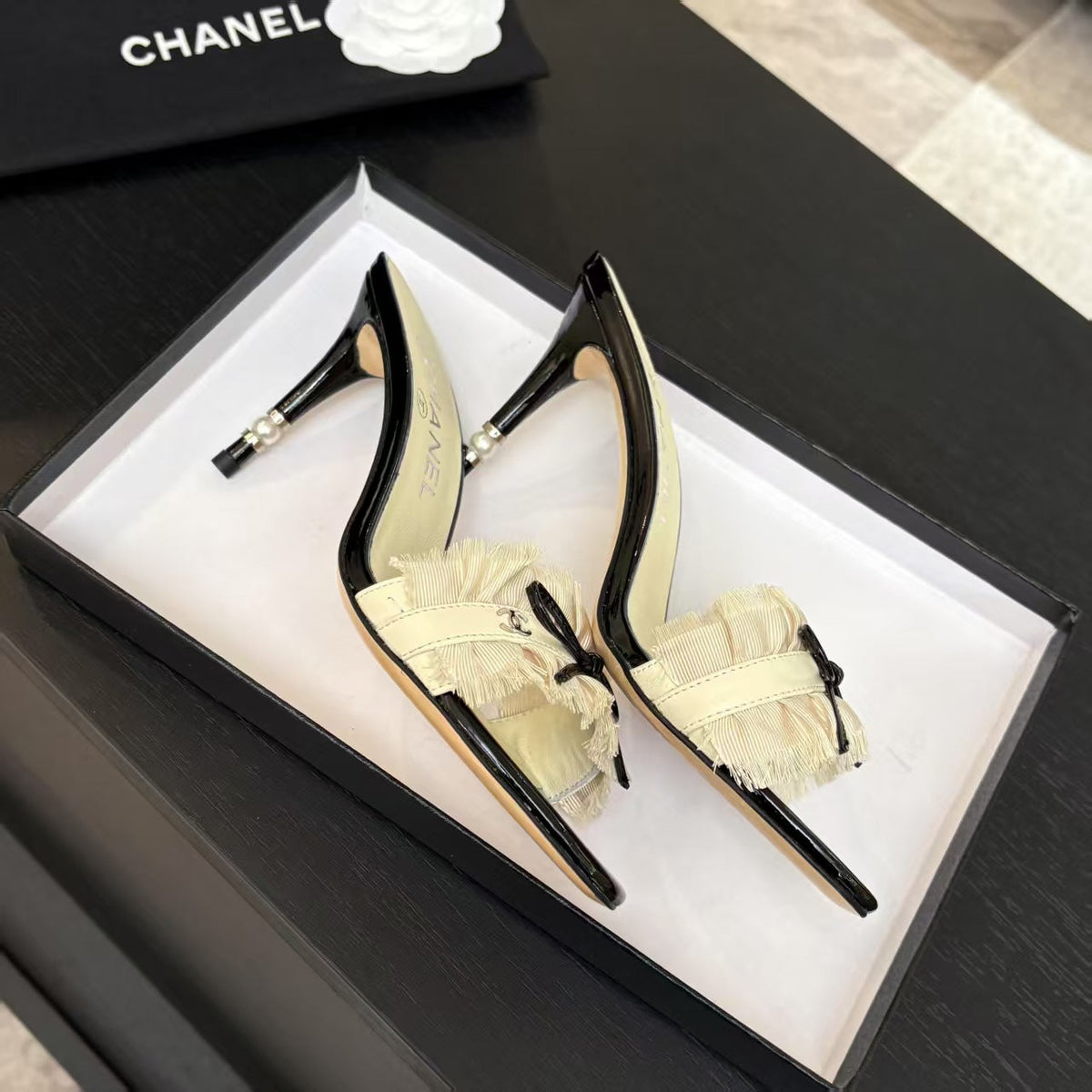 CC 25 Camellia Sandals Beige Black Silk Satin Lambskin 251720