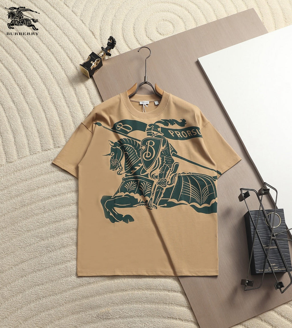 Burberry Men Knight Oversized T-Shirt Green Beige Cotton