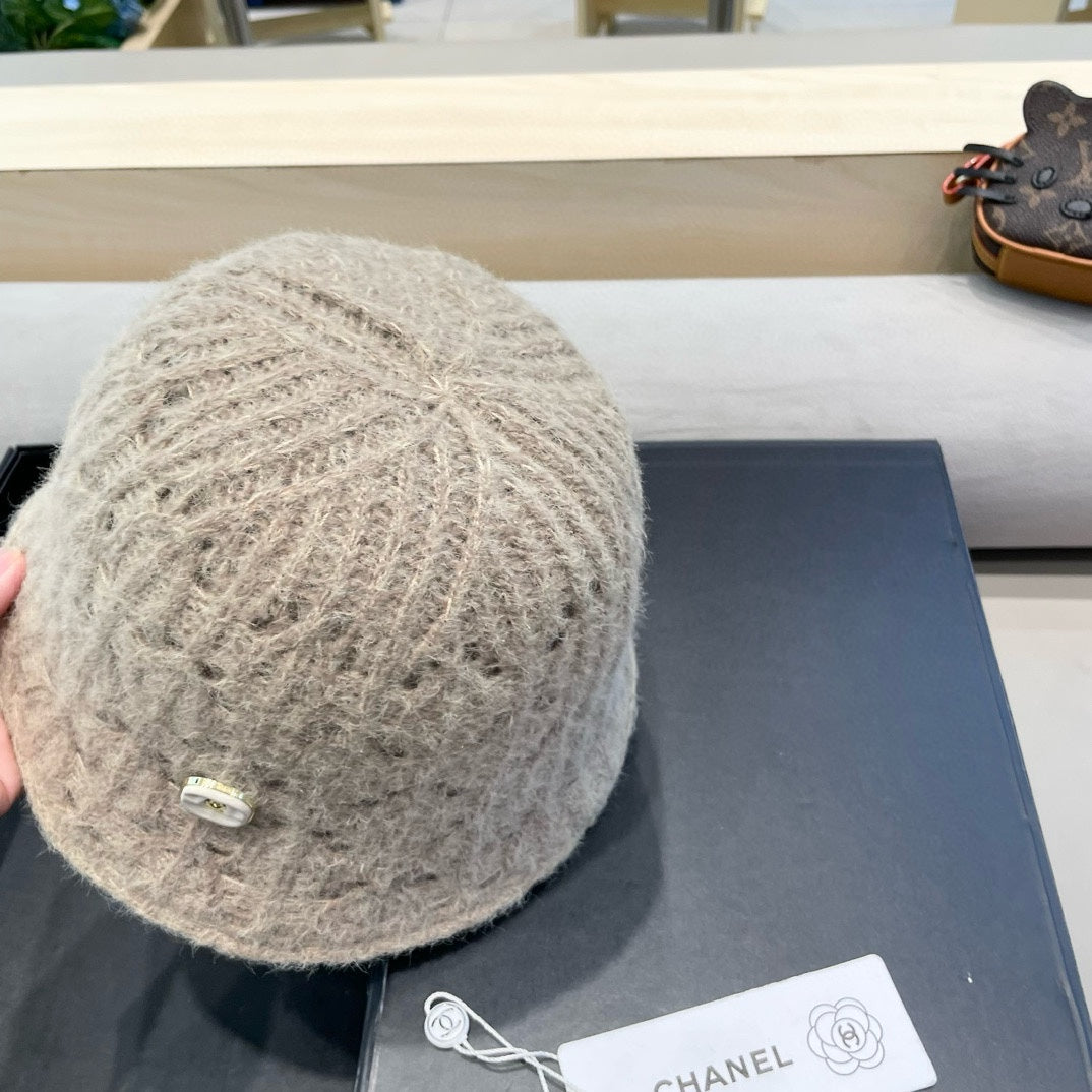 BUCKET HAT KHAKI BROWN KNITTED FABRIC WITH RABBIT FUR 428091