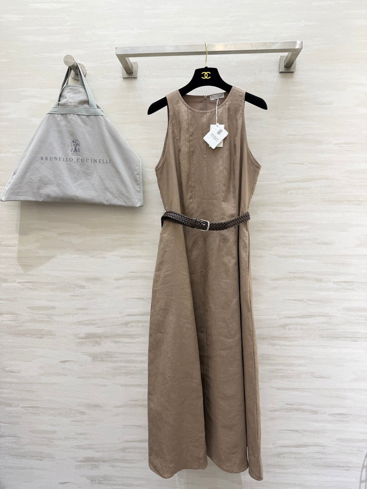 Brunello Cucinelli 26s Sparkling-Twill Maxi Dress Light Brown Cotton Linen