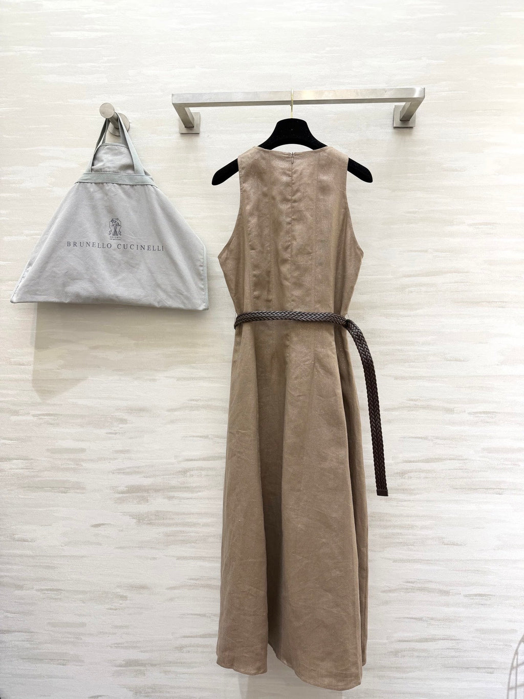 Brunello Cucinelli 26s Sparkling-Twill Maxi Dress Light Brown Cotton Linen