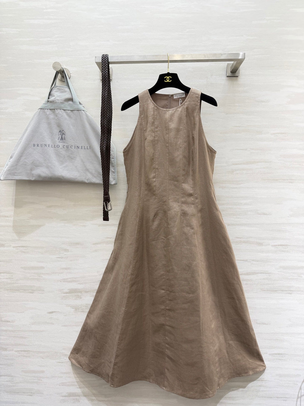 Brunello Cucinelli 26s Sparkling-Twill Maxi Dress Light Brown Cotton Linen