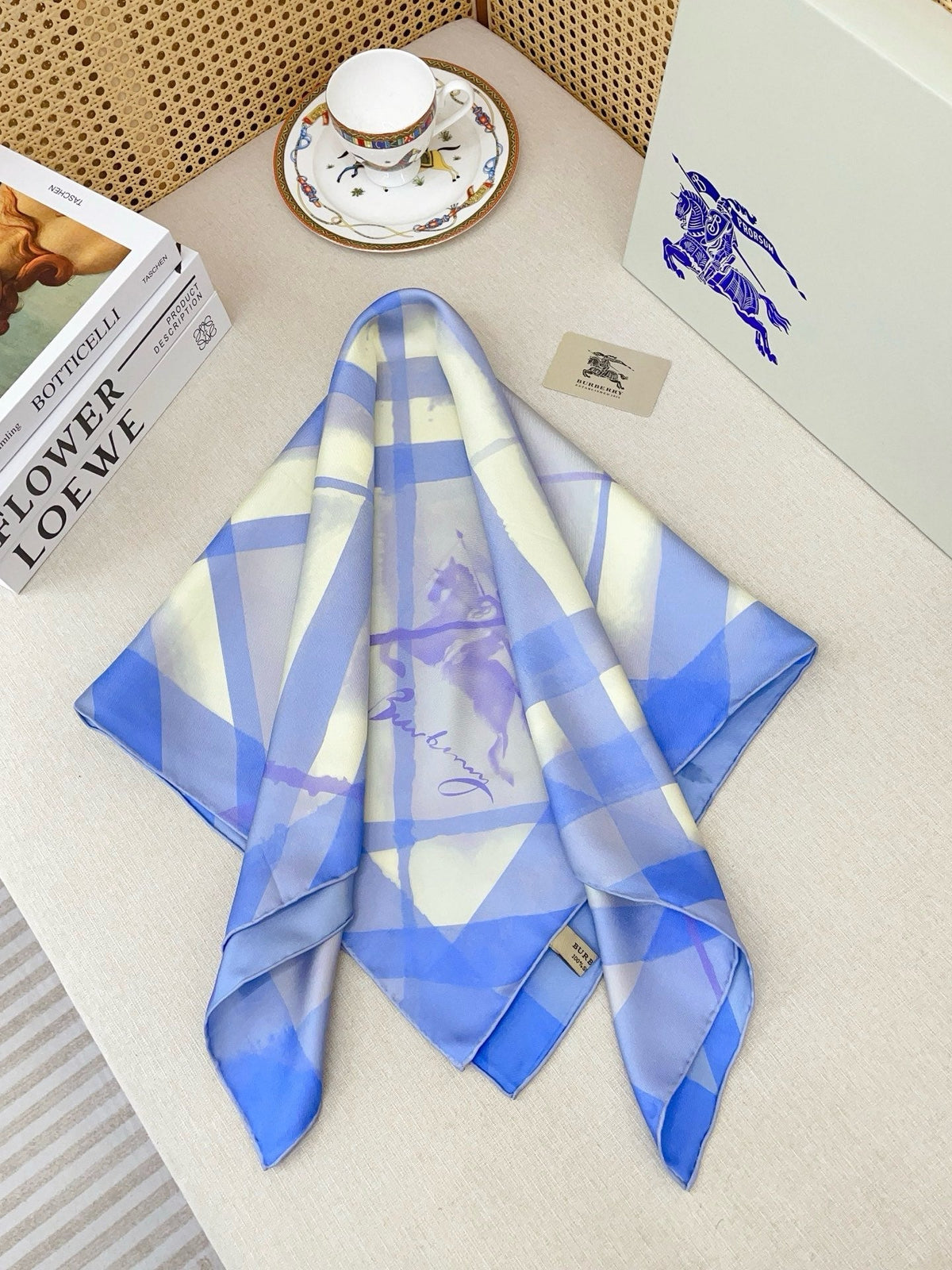 Burberry Watercolour Scarf 90x90 Blue Colorful Twill Silk 223487