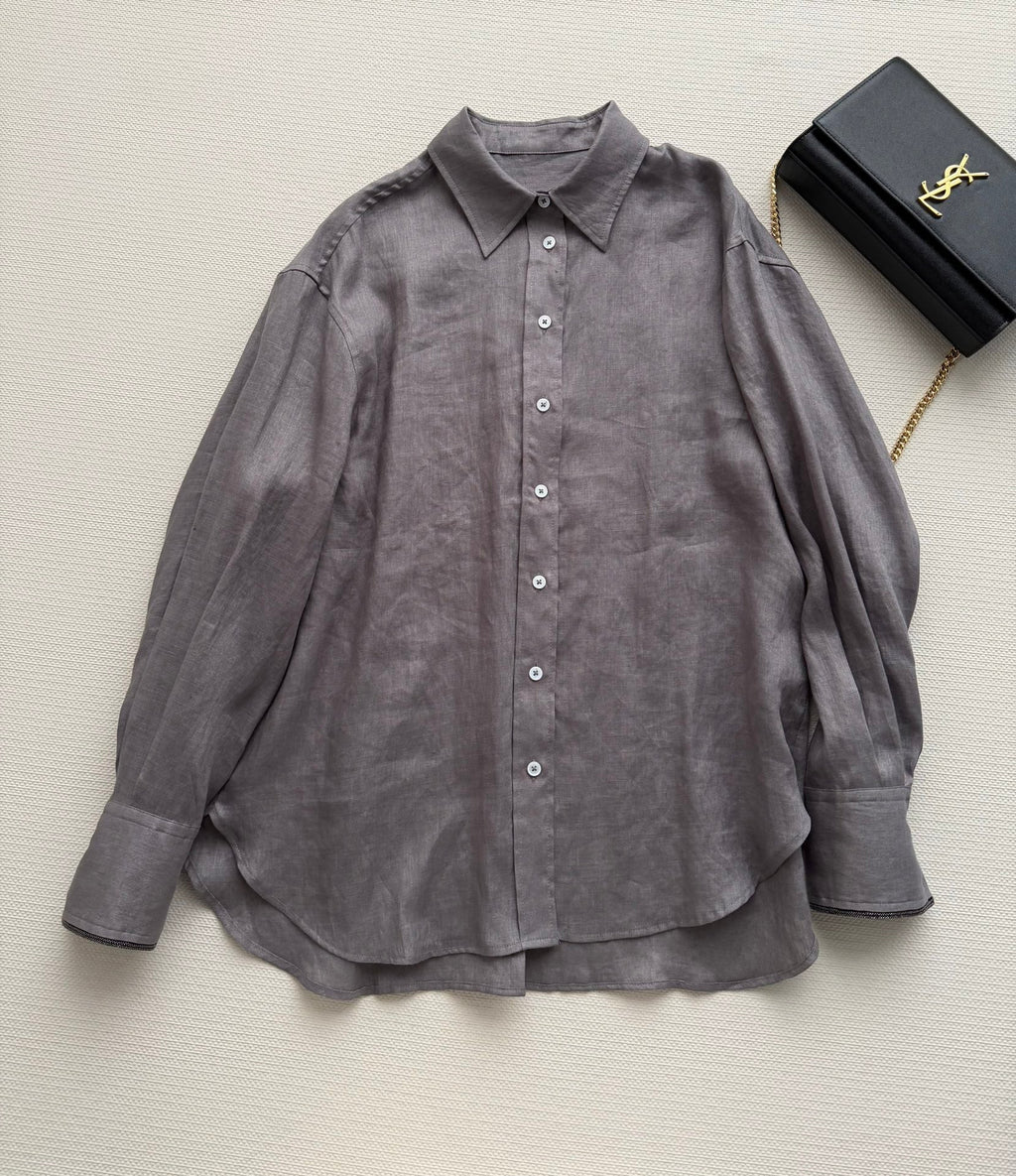 Brunello Long-Sleeved Shirt Taupe Linen 352916