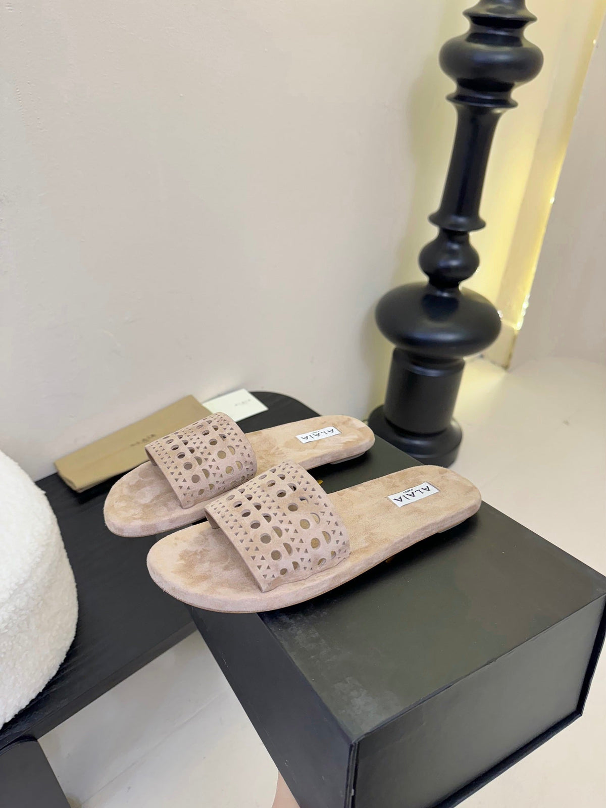 Alaia women laser-cut beige suede leather slide 235541