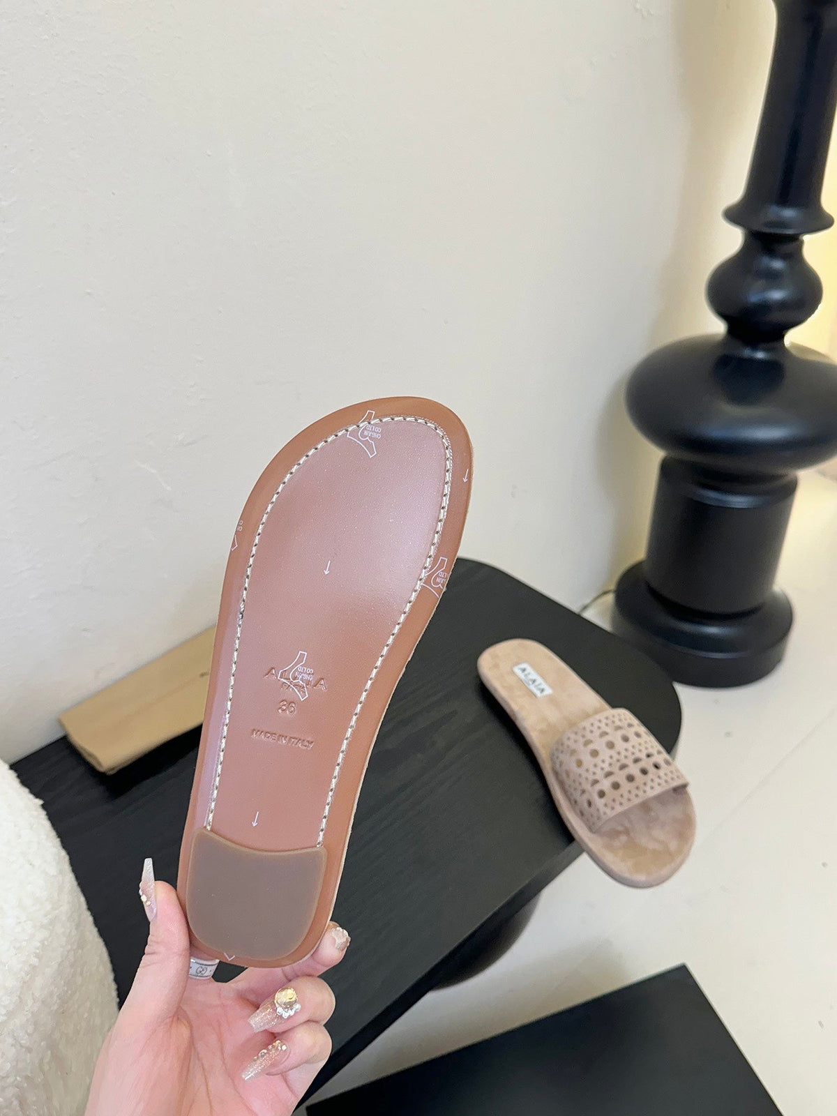 Alaia women laser-cut beige suede leather slide 235541