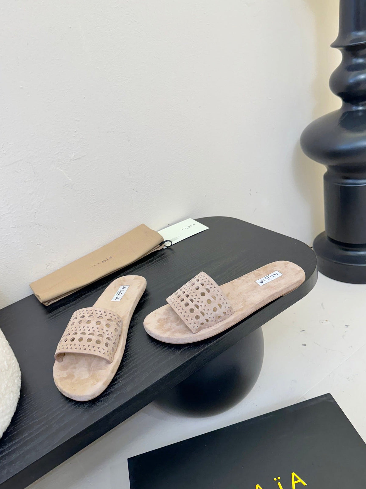 Alaia women laser-cut beige suede leather slide 235541
