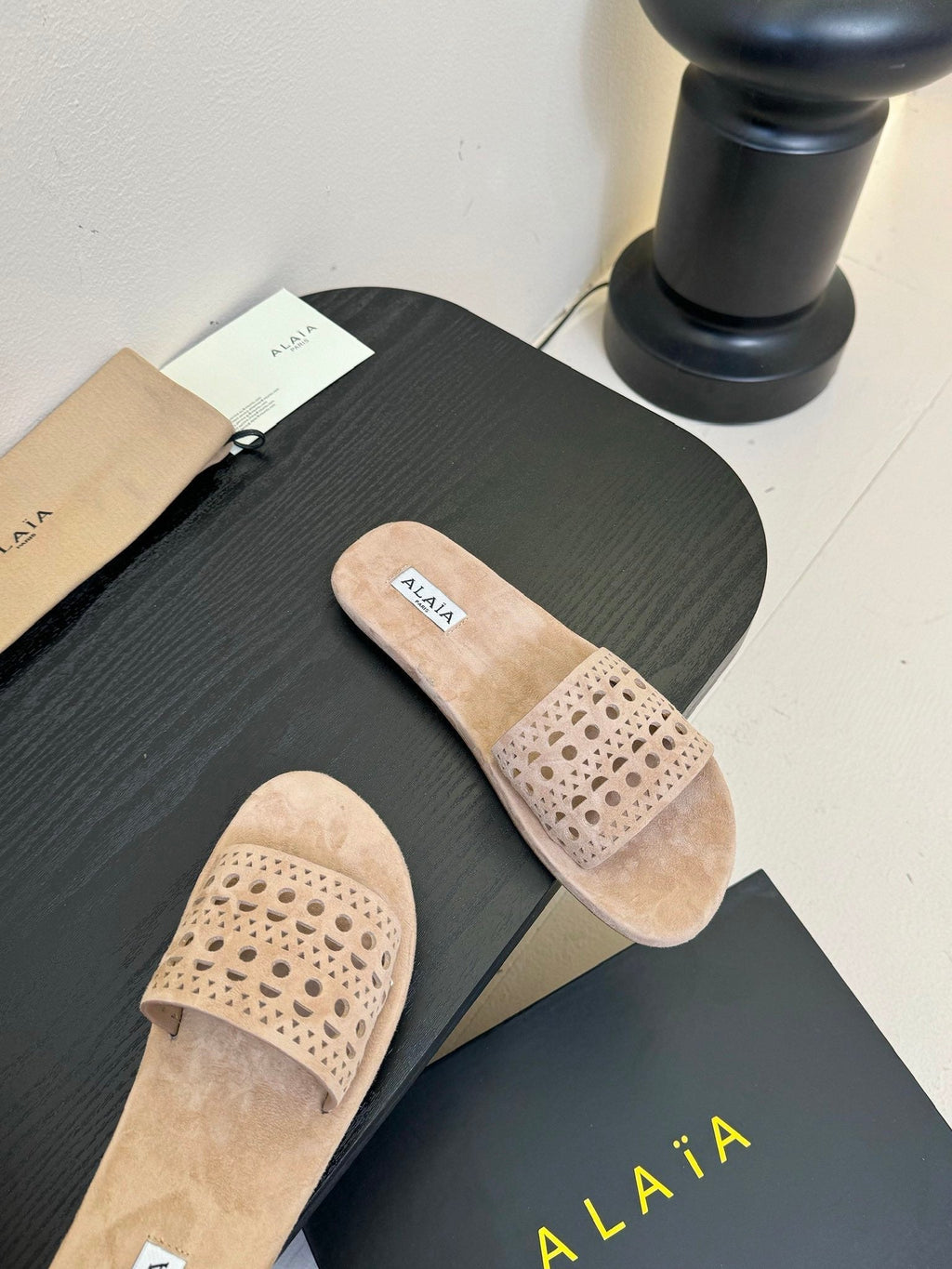 Alaia women laser-cut beige suede leather slide 235541