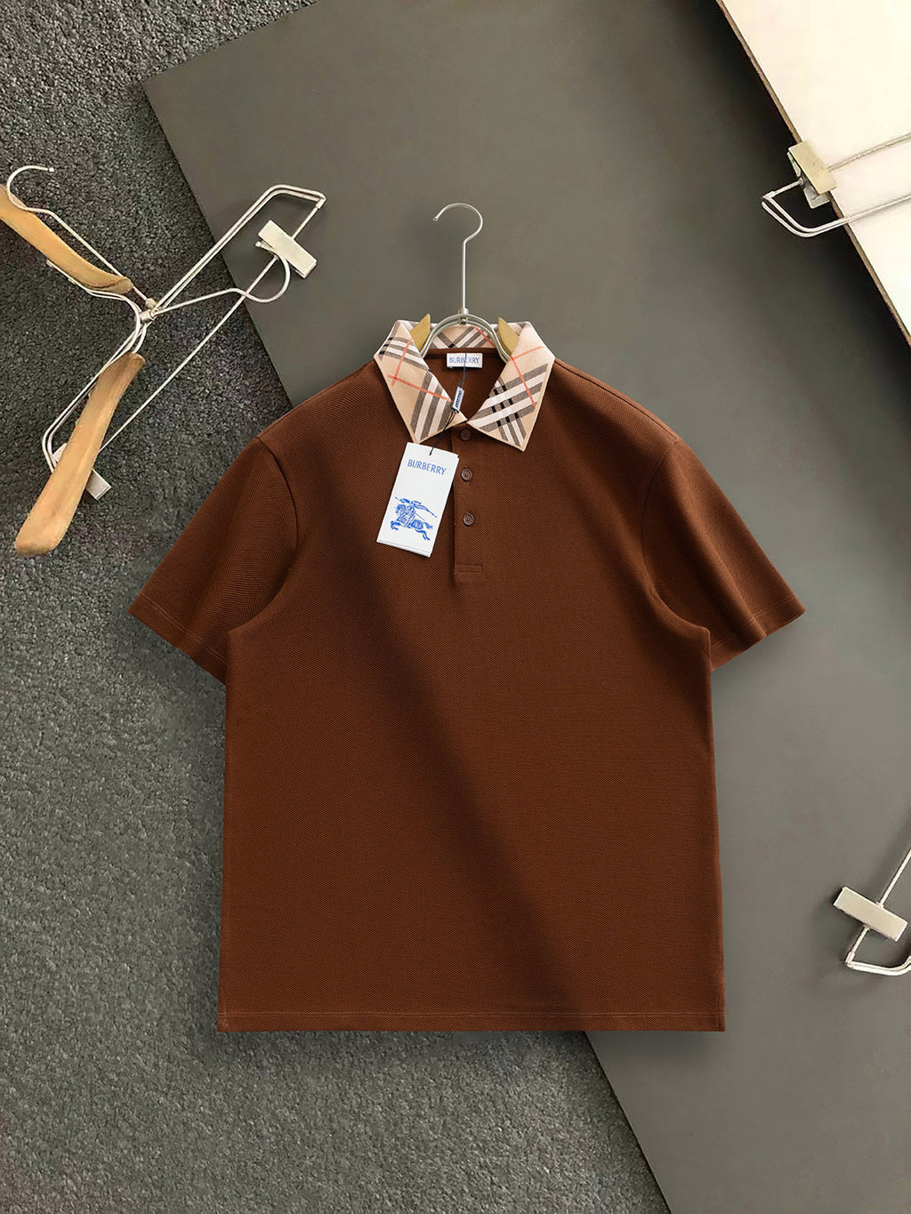Burberry Men Check Colla Polo Shirt Brown Cotton