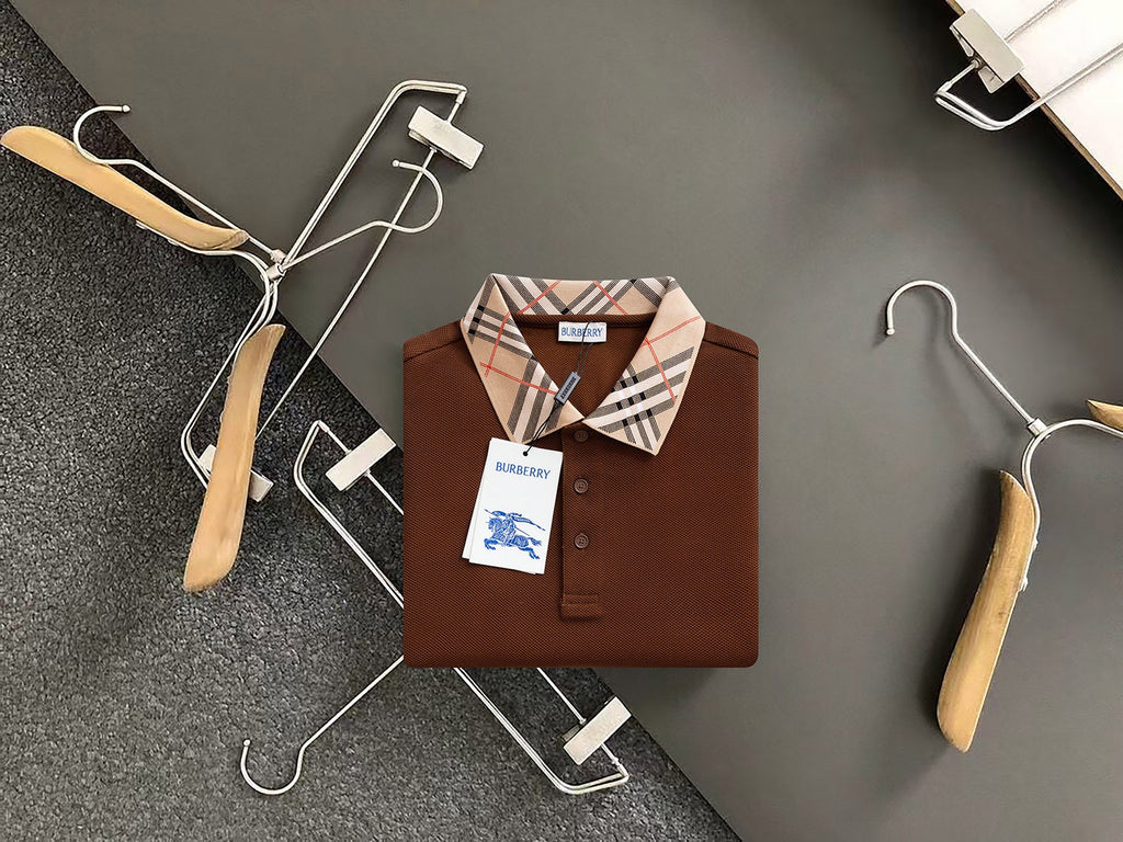 Burberry Men Check Colla Polo Shirt Brown Cotton