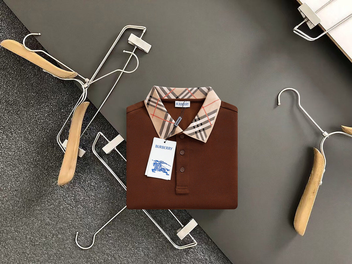 Burberry Men Check Colla Polo Shirt Brown Cotton