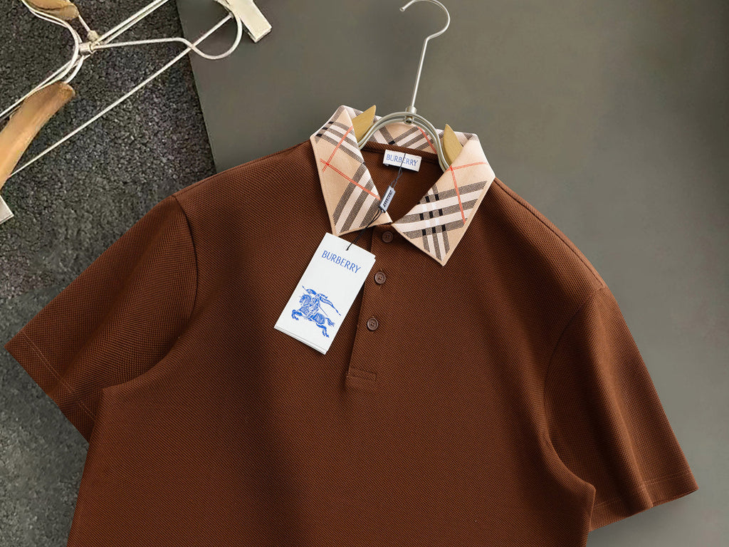 Burberry Men Check Colla Polo Shirt Brown Cotton