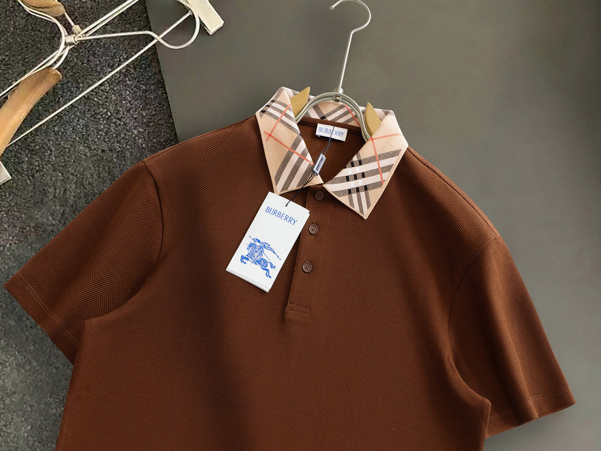Burberry Men Check Colla Polo Shirt Brown Cotton
