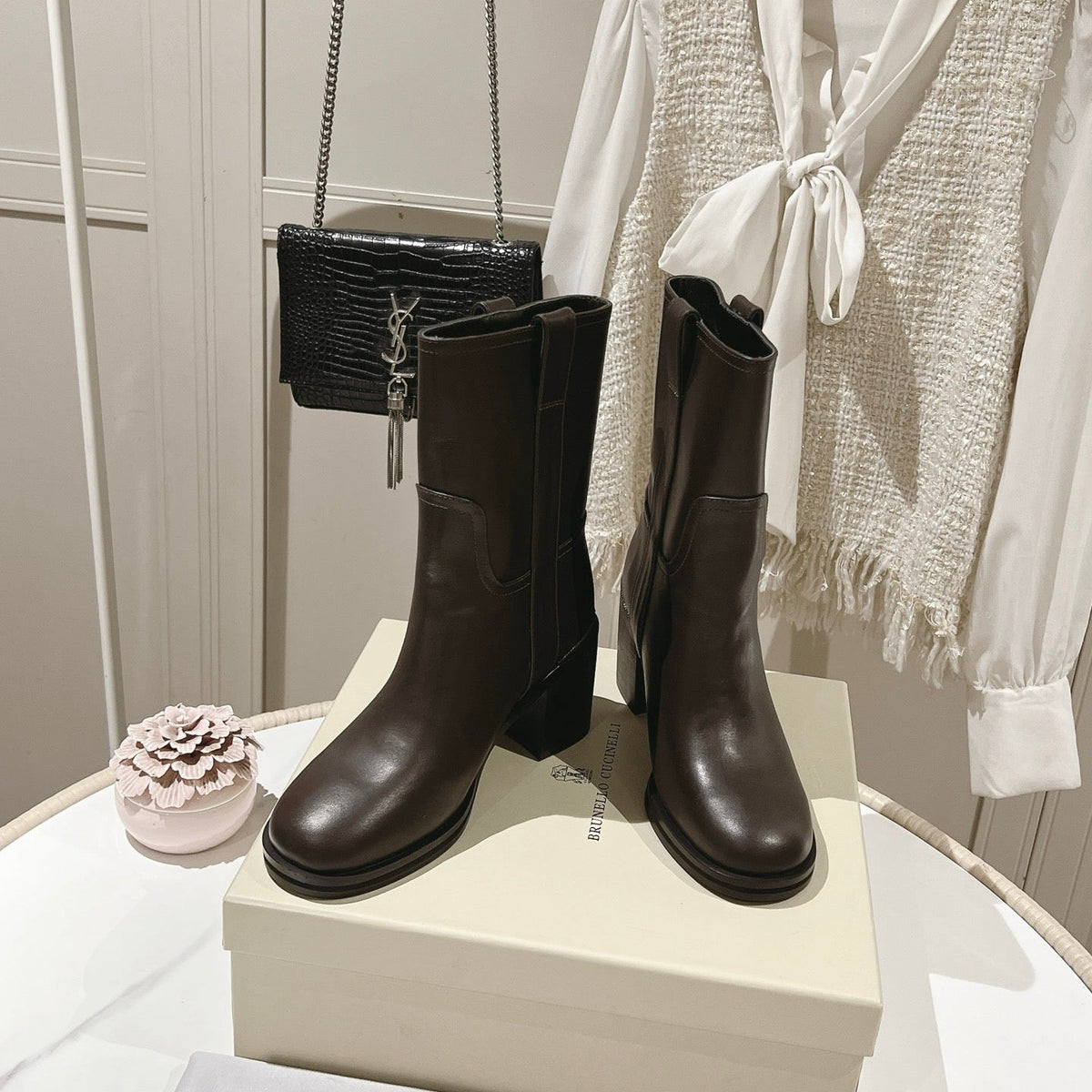 Brunello Chunky Heel Elegant Mid-Calf Boots Coffee Leather 929300
