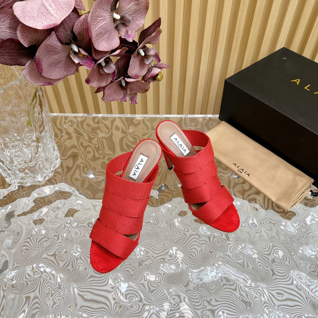 ALAIA ELASTIC CAGE MULE SANDALS IN CHERRY RED WOVEN STRAP AND LAMBSKIN