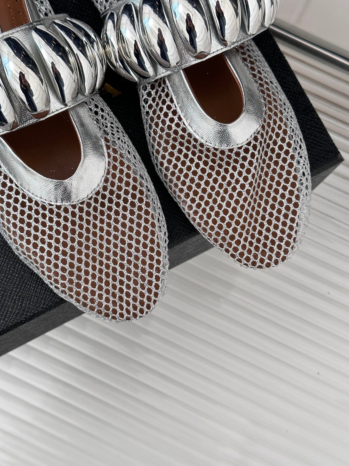 Alaia 25 Mary Jane Mesh Ballet Flats Silver Calfskin 293250
