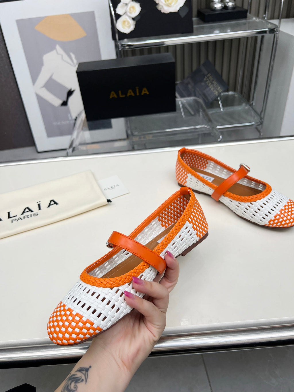 Alaia Mary Jane Flats Woven Pattern White Orange Calfskin 714953