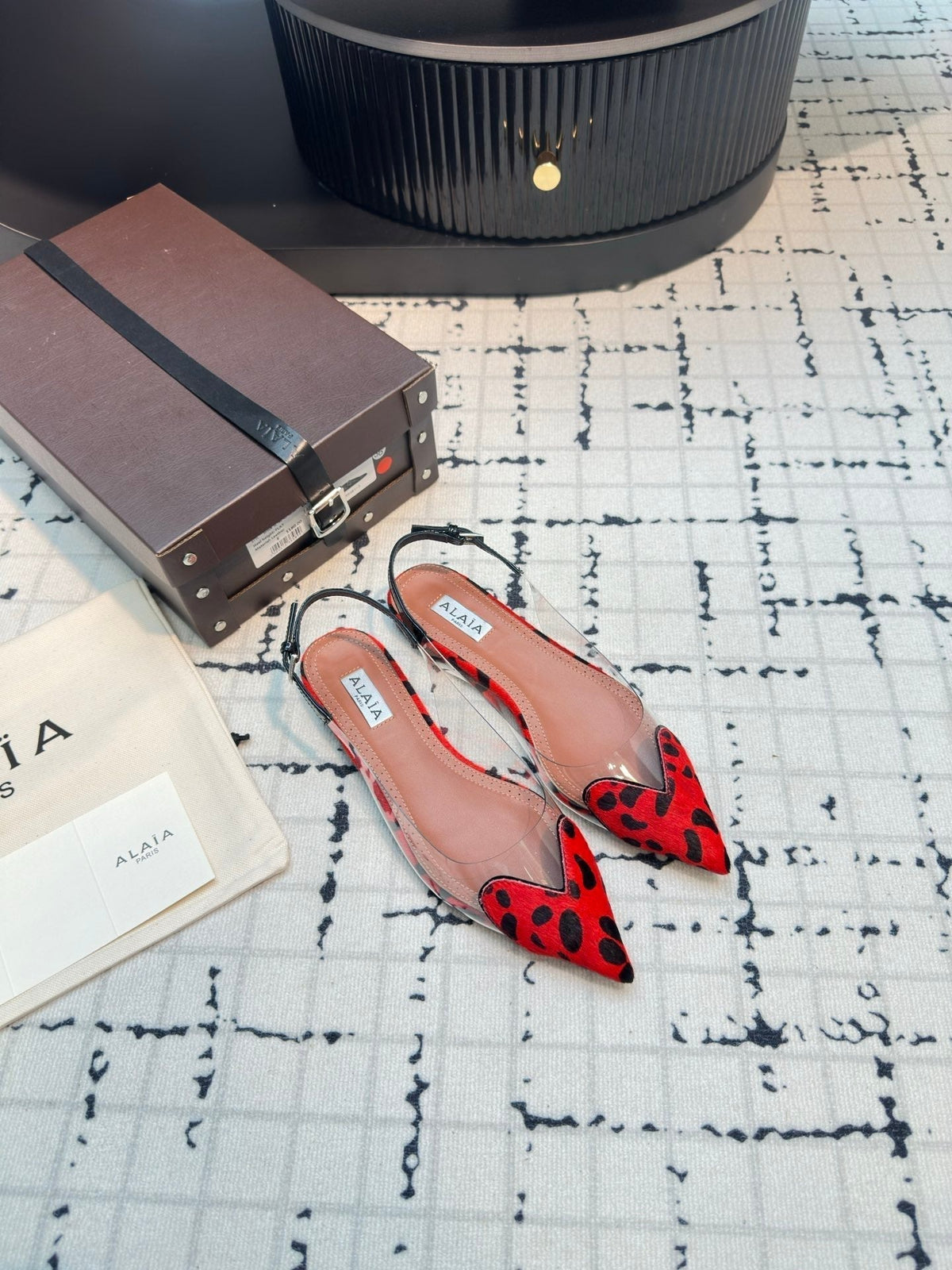 Alaia Heart Flat Slingbacks Red Leopard Sheepskin 800944