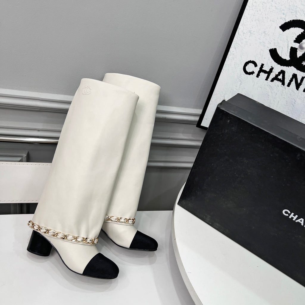 CC 25 High Boots With Chain 55mm White Cowhide Black Grosgrain 374024