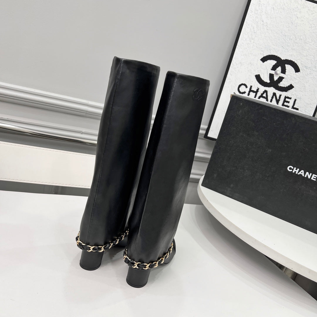 CC 25 High Boots With Chain 55mm Black Cowhide Grosgrain 374026