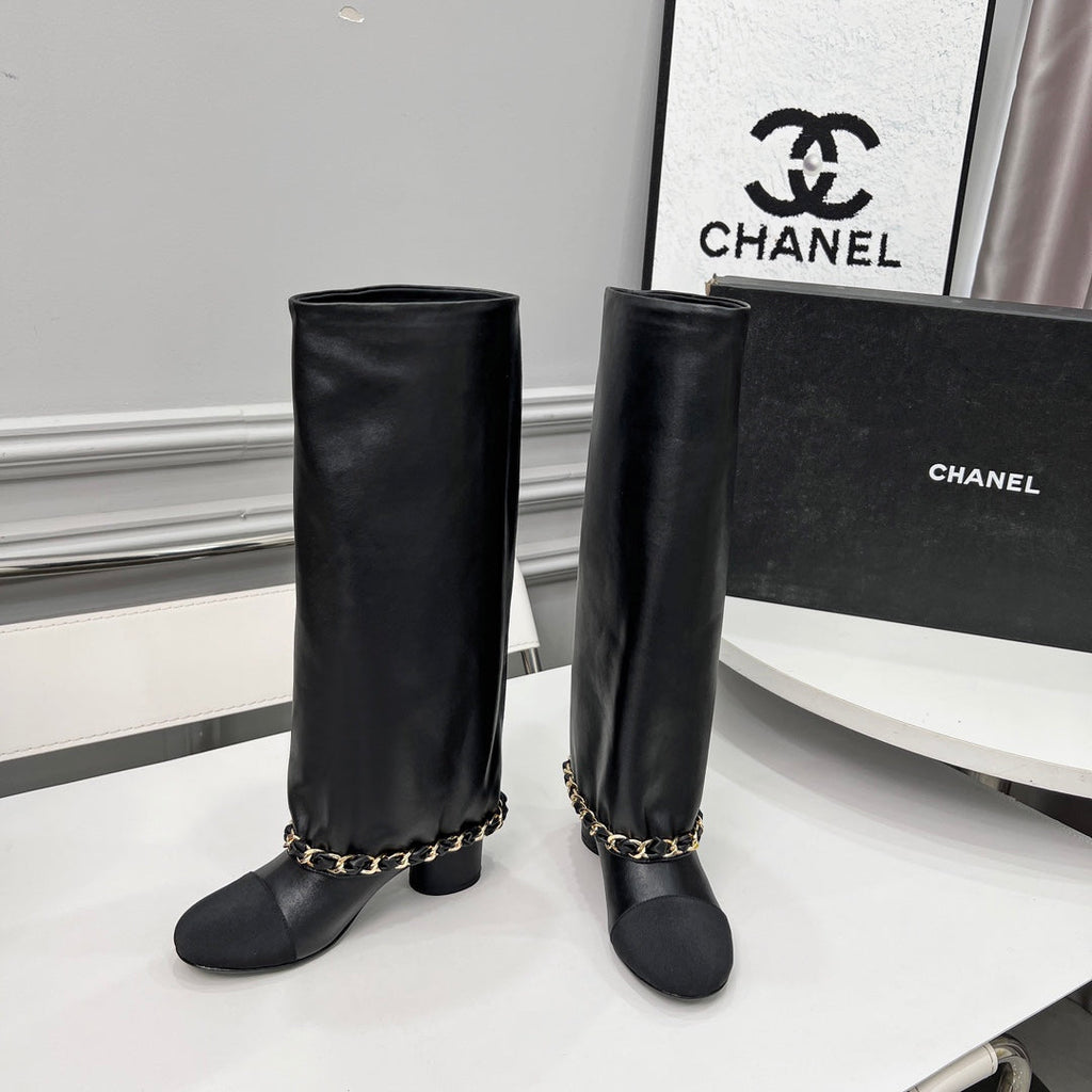 CC 25 High Boots With Chain 55mm Black Cowhide Grosgrain 374026