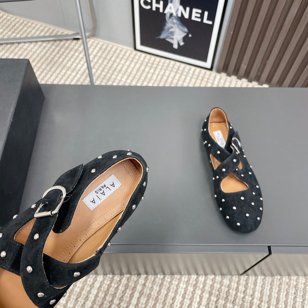 Alaia 2025 Criss Cross With Stud Ballet Flats Black Suede 293205