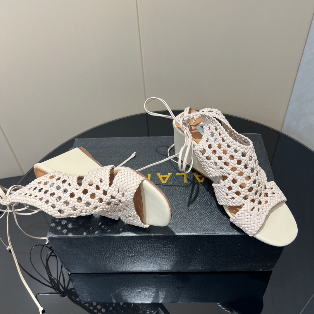 Alaia 25 Round-toe Braided Wedge Sandals 75mm Flamingo Woven Leather433568
